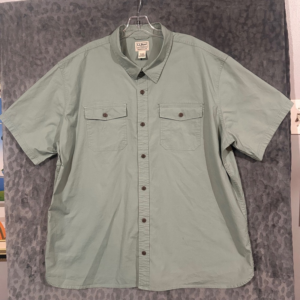 LL Bean Mens XXL Ripstop Short Sleeve Button Down Shirt Sage Green 524653